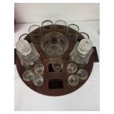 Vintage Glass Bar Set with Decanters, Glasses, and Wooden Serving Tray