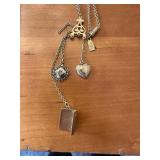 Antique Gold Tone Charm Necklace with Heart and Book Pendants