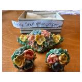 Vintage Porcelain Floral Shell Earrings and Brooch