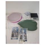 Collection of Household Items: Leaf Serving Dish, Bottle Candle Holder, Scale & Glassware