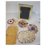 Vintage Textile Table Decor Set with Crocheted Pieces and Cabinet Photo Frame