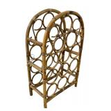 1980s Vintage Curved Bamboo Rattan Wine Rack Display / Bamboo Rattan 12 Bottle Rack Stand Holder