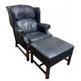 Navy Blue Leather Chair with Ottoman by Classic Leather