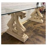 Vintage Hollywood Regency Chinoiserie Asian Dragons Statue Glass Console Table