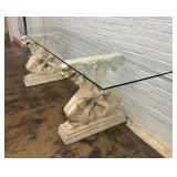 Vintage Hollywood Regency Chinoiserie Asian Dragons Statue Glass Console Table