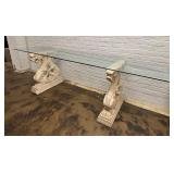 Vintage Hollywood Regency Chinoiserie Asian Dragons Statue Glass Console Table