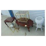 Coffee Table and End Table, Brass Table, Wicker Planter and Brass Under the Chair Table