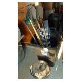 Small Weber Grill, Trash Can with Umbrella and Gardening Tools