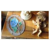 Faux Marble Top Cherub Table, Wall Decor and Stained Glass Hanging