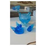 Blue Hen on Nest and 2 Blue Bird Pieces