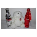 Coke Anniversary Bottles (2) Collectible Bear,  Baseball and Visor Style Hats (3) Wood Frames (4) and Print.