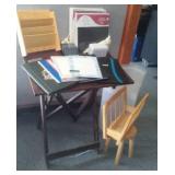 Artist table, paper, binders, photo mat, Rubbermaid  See pics