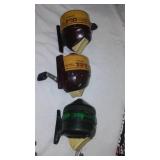 Berkly and Zebco Reels (5), Nets (2) and Rubbermaid Pro Series Tackle Box.