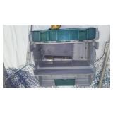 Berkly and Zebco Reels (5), Nets (2) and Rubbermaid Pro Series Tackle Box.