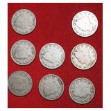 EIGHT (8)  20TH CENTURY LIBERTY NICKELS 1902/3/4/7/8/9/10/11/12D