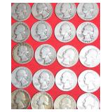 TWENTY (20) WASHINGTON QUARTERS 90% SILVER FROM 1930s, 40s, AND 50s