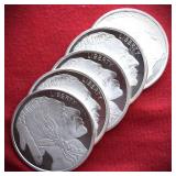 FIVE (5) Silver Towne .999 fine Silver Rounds
