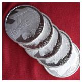 FIVE (5) Silver Towne .999 fine Silver Rounds