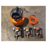 RIDGID 6 Gal. 150 PSI Electric Air Compressor with 25 ft. Hose, 18GA Brad Nailer, 16GA Finish Nailer and 18GA Finish Stapler  Customer Returns See Pictures
