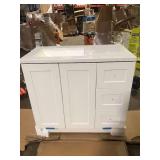 Glacier Bay Bannister 37 in. Single Sink White Bath Vanity with Granite-Look Colorpoint White Cultured Marble Top (Assembled)  Customer Returns See Pictures