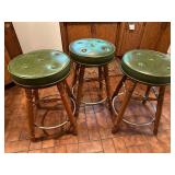 Set of 3 Vintage Green Vinyl Bar Stools with Wooden Legs