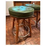 Set of 3 Vintage Green Vinyl Bar Stools with Wooden Legs