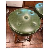 Set of 3 Vintage Green Vinyl Bar Stools with Wooden Legs