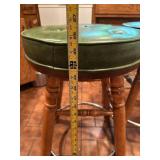 Set of 3 Vintage Green Vinyl Bar Stools with Wooden Legs