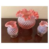 Vintage Fenton Pink Opalescent Hobnail Vase Set