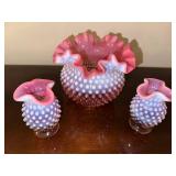 Vintage Fenton Pink Opalescent Hobnail Vase Set
