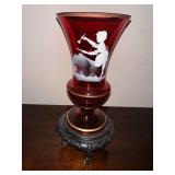 Mary Gregory Style Ruby Glass Vase with Enamel Decoration