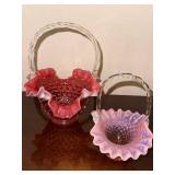 Set of 2 Hobnail Glass Baskets with Pink Ruffled Edges