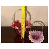 Set of 2 Hobnail Glass Baskets with Pink Ruffled Edges