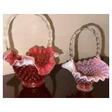 Set of 2 Hobnail Glass Baskets with Pink Ruffled Edges