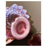 Set of 2 Hobnail Glass Baskets with Pink Ruffled Edges