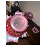Set of 2 Hobnail Glass Baskets with Pink Ruffled Edges