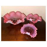 Set of 3 Vintage Fenton Cranberry Opalescent Hobnail Ruffled Bowls