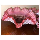 Set of 3 Vintage Fenton Cranberry Opalescent Hobnail Ruffled Bowls