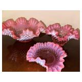 Set of 3 Vintage Fenton Cranberry Opalescent Hobnail Ruffled Bowls