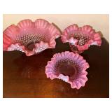 Set of 3 Vintage Fenton Cranberry Opalescent Hobnail Ruffled Bowls