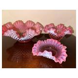 Set of 3 Vintage Fenton Cranberry Opalescent Hobnail Ruffled Bowls