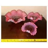 Set of 3 Vintage Fenton Cranberry Opalescent Hobnail Ruffled Bowls