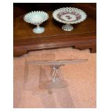 Set of 3 Vintage Cake Stands - Glass, Milk Glass, and Porcelain