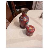 Set of Red Cloisonne like Vase and Container with Floral Design