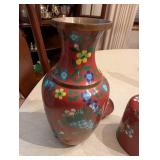 Set of Red Cloisonne like Vase and Container with Floral Design