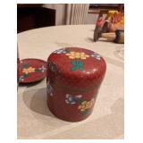 Set of Red Cloisonne like Vase and Container with Floral Design