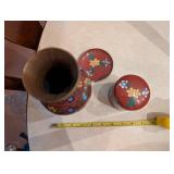 Set of Red Cloisonne like Vase and Container with Floral Design