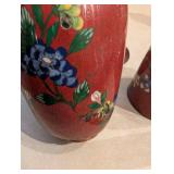 Set of Red Cloisonne like Vase and Container with Floral Design