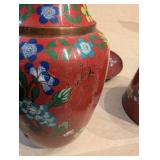 Set of Red Cloisonne like Vase and Container with Floral Design