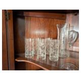 Vintage Floral Etched Glass Pitcher and 5 Glasses Set